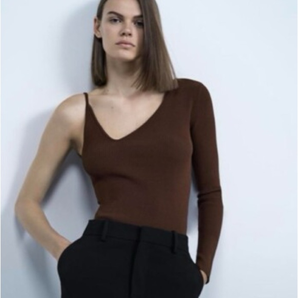 zara brown asymmetric ribbed top